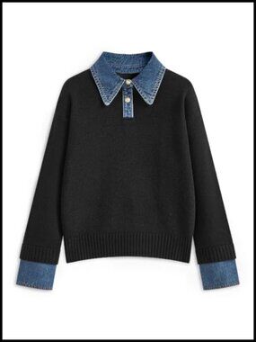 Women's Oversized Knit Sweater with Denim Collar and Cuffs